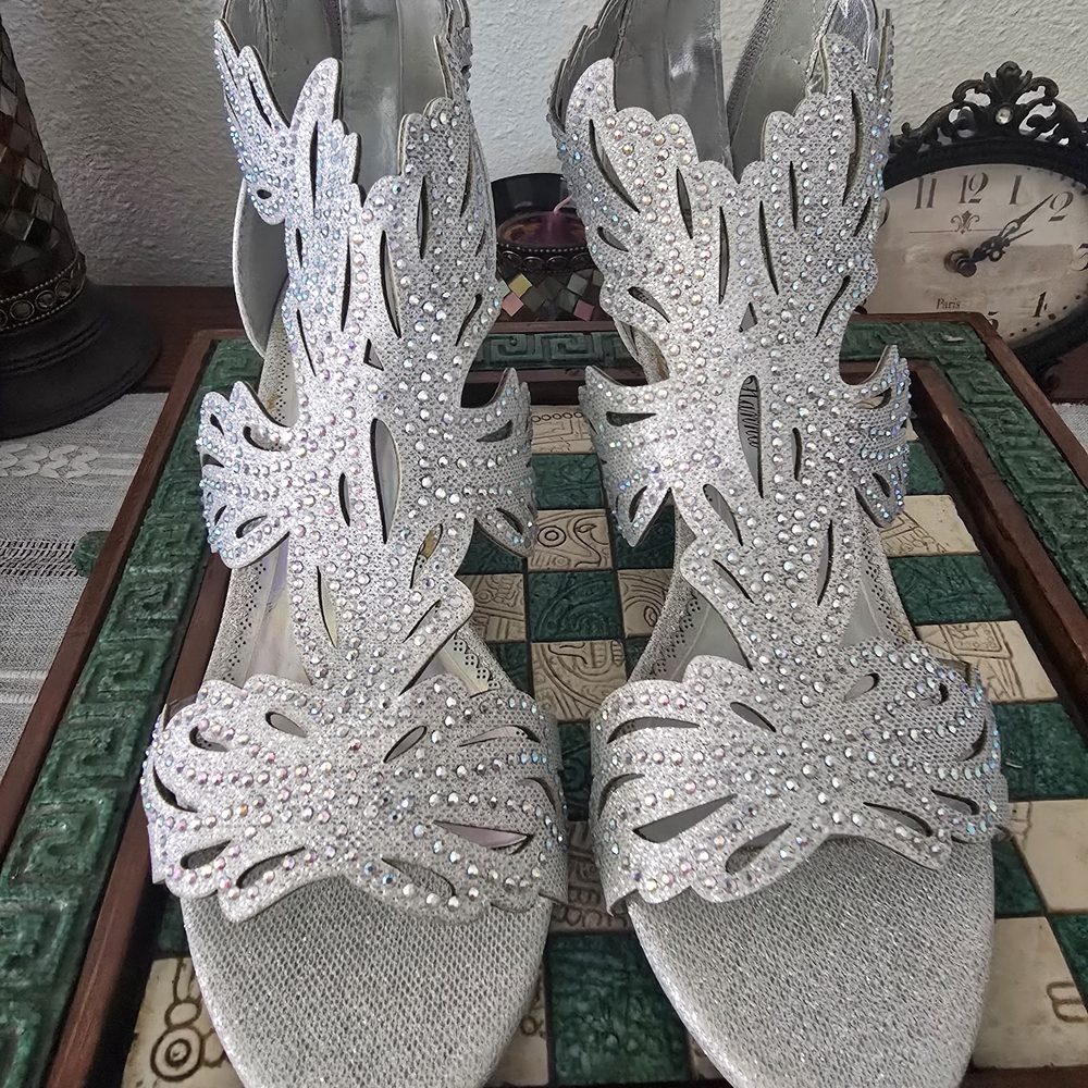 Silver Crystal-Embellished Women's Heels - Elegant Cutout Dress Sandals